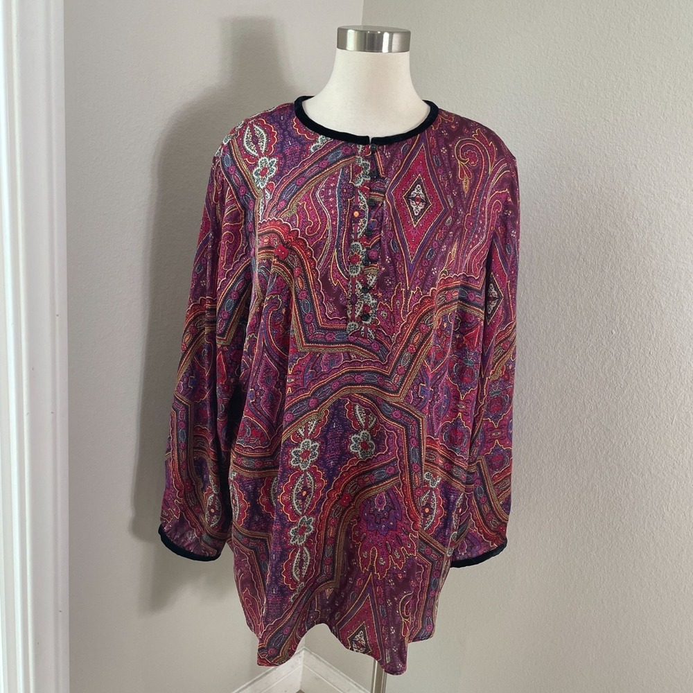 Lauren Ralph Lauren Womens Plus 2X Paisley Tunic Top Satin Long Sleeve Shirt